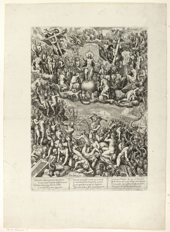 The Last Judgment, 1599, Barbara van den Broeck (Flemish, born c. 1558/60), after Crispin van den Broeck (Flemish, 1524–c. 1590), published by Hendrik Hondius (Dutch, 1573–1650), Flanders, Engraving in black on ivory laid paper, 408 × 290 mm (image/plate), 562 × 404 mm (sheet)