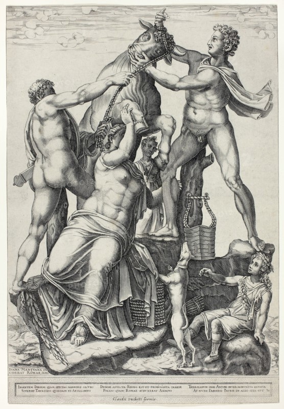 The Farnese Bull with Dirce, Zethus and Amphion, 1581, Diana Scultori, Italian, c. 1536–c. 1590, Italy, Engraving in black on ivory laid paper, 369 x 272 mm (image), 398 x 272 (sheet, timed within plate mark)