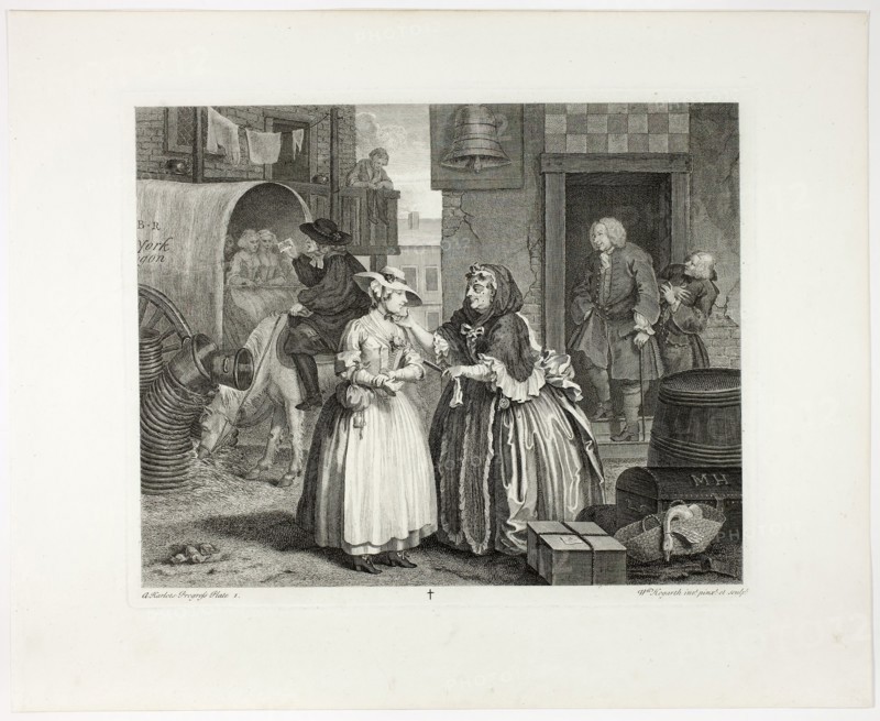 Plate one, from A Harlot’s Progress, 1732, William Hogarth, English, 1697-1764, England, Engraving in black on ivory laid paper, 300 × 375 mm (image), 320 × 392 mm (plate), 434 × 537 mm (sheet)
