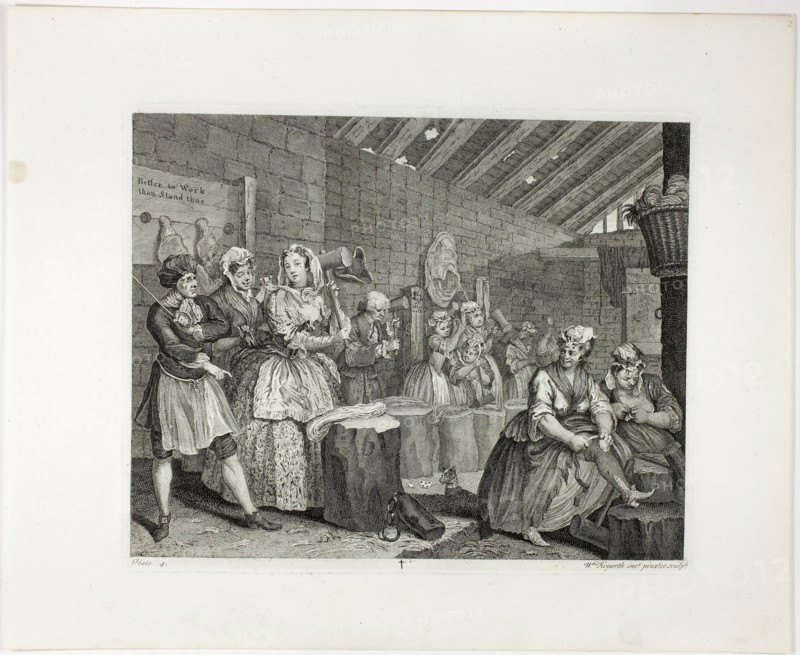 Plate four, from A Harlot’s Progress, 1732, William Hogarth, English, 1697-1764, England, Engraving in black on ivory laid paper, 302 × 379 mm (image), 315 × 388 mm (plate), 436 × 536 mm (sheet)