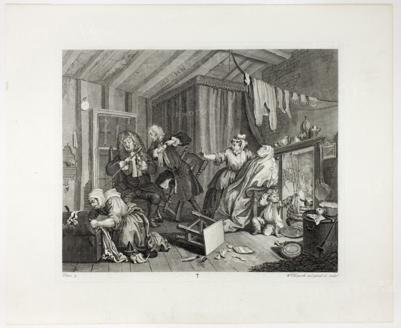 Plate five, from A Harlot’s Progress, 1732, William Hogarth, English, 1697-1764, England, Engraving in black on ivory laid paper, 303 × 375 mm (image), 324 × 392 mm (plate), 434 × 527 mm (sheet)