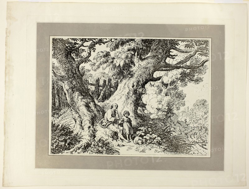 Old Trees with Old Man, a Girl, and a Dog, from the first issue of Specimens of Polyautography, 1802, published 1803, Richard Corbould (English, 1757–1831), published by Philipp André (German, active London, 1800–1805) and James Heath (English, 1757–1834), United Kingdom, Lithograph in black on cream wove paper, tipped onto mount with aquatint border in gray on cream wove paper, 235 x 230 mm (image/primary support), 373 x 492 mm (secondary support)