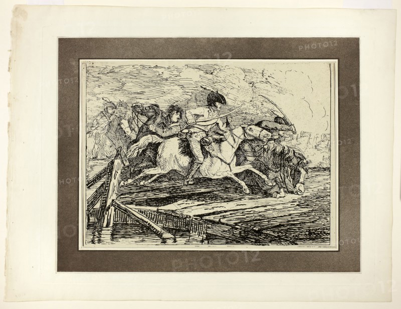 Cavalry Charging, from the first issue of Specimens of Polyautography, 1801, published 1803, Conrad Gessner (Swiss, 1764–1826), published by Philipp André (German, active London, 1800–1805) and James Heath (English, 1757–1834), Switzerland, Lithograph in black on cream wove paper, tipped onto mount with aquatint border in brown on cream wove paper, 237 x 320 mm (image/primary support), 375 x 490 mm (secondary support)