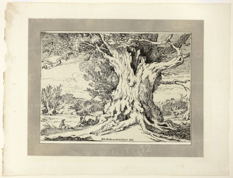 Resting, Men and Dogs Under a Big Tree, from the first issue of Specimens of Polyautography, 1802, published 1803, William Delamotte (English, 1775–1863), published by Philipp André (German, active London, 1800–1805) and James Heath (English, 1757–1834), United Kingdom, Lithograph in black on cream wove paper, tipped onto mount with aquatint border in gray on cream wove paper, 235 x 326 mm (image/primary support), 375 x 490 mm (secondary support)