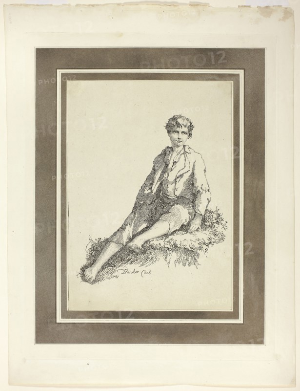 Young Boy Seated, from the first issue of Specimens of Polyautography, 1803, Thomas Barker (English, 1769–1847), published by Philipp André (German, active London, 1800–1805) and James Heath (English, 1757–1834), United Kingdom, Lithograph in black on cream wove paper, tipped onto mount with aquatint border in brown on cream wove paper, 295 x 212 mm (image/primary support), 490 x 375 mm (secondary support)