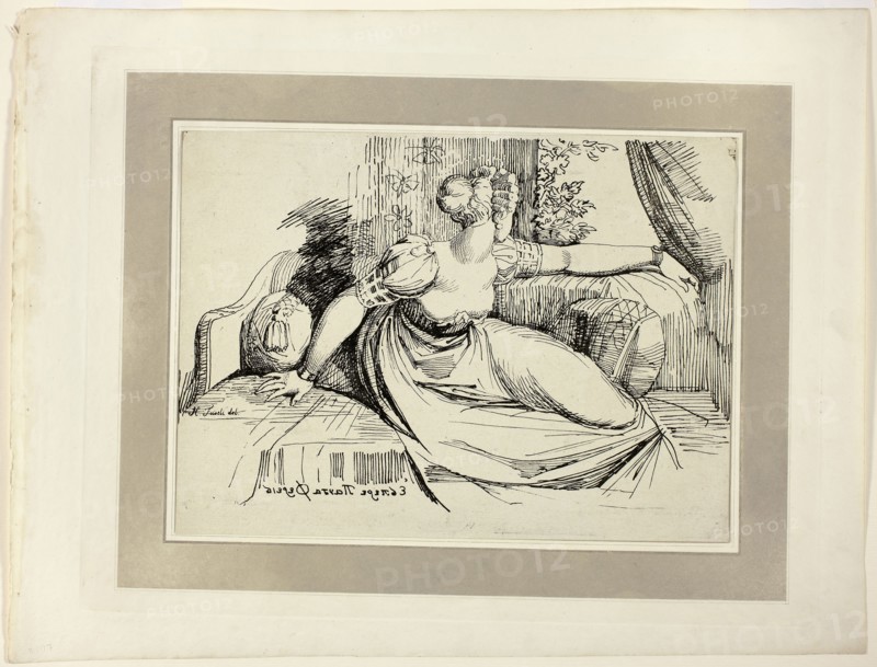 A Woman Sitting by the Window (Evening Thou Bringest All), from the first issue of Specimens of Polyautography, 1802, published 1803, Henry Fuseli (Swiss, active in England, 1741-1825), published by Philipp André (German, active London, 1800–1805), and James Heath (British, 1757–1834), United Kingdom, Lithograph in black on cream wove paper, tipped onto mount with aquatint border in gray on cream wove paper, 232 x 318 mm (image/primary support), 372 x 490 mm (secondary support)
