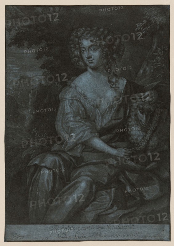 Portrait of Nell Gwyn as a Shedherdess Garlanding a Lamb, c. 1678, Herman Hendrik Quiter (German, 1628-1708), after Peter Lely (Dutch, active in England, 1618–1680), Germany, Mezzotint in black on blue laid paper, 345 × 244 mm (image/sheet, trimmed within plate mark)