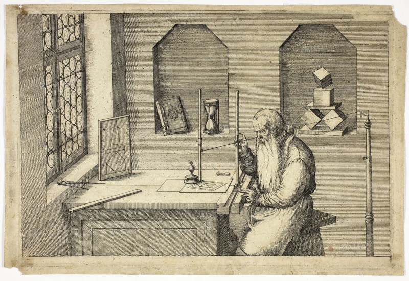 Portrait of Wenzel Jamnitzer in his Study, 1572/75, Jost Amman, Swiss, 1539-1591, Switzerland, Engraving in black ink on cream laid paper, 167 x 253 mm (image), 175 x 258 mm (plate), 187 x 275 mm (sheet)