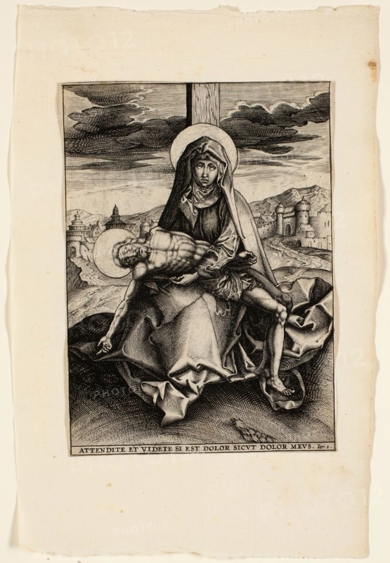 Pietà, c. 1550, Unknown artist, Netherlandish, 16th century, Netherlands, Engraving with etching in black on cream laid paper, 133 x 95 mm (image/sheet, trimmed within plate mark)