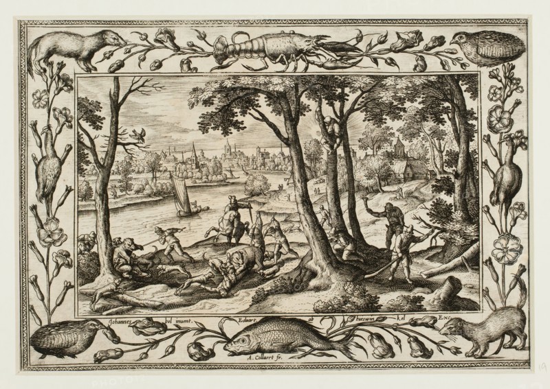 Bear Hunt, from Landscapes with Old and New Testament Scenes and Hunting Scenes, 1584, Adriaen Collaert (Flemish, c. 1560–1618), after Hans Bol (Flemish, 1535–1593), published by Anna van Hoeswinckel (Flemish), Flanders, Engraving in black on cream laid paper, laid down on cream laid paper, 143 × 200 mm (image/primary support, trimmed within plate mark), 176 × 238 mm (secondary support)