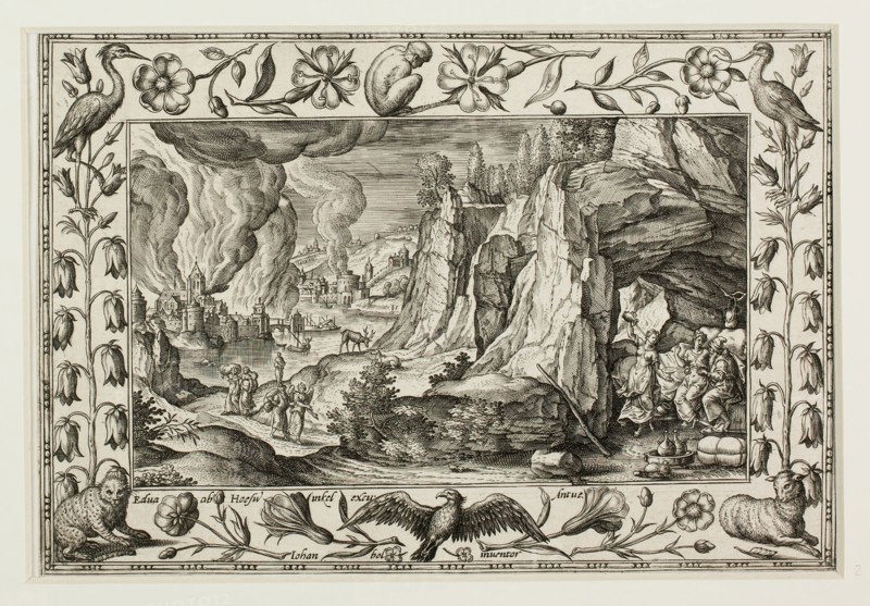 Lot and His Daughters, from Landscapes with Old and New Testament Scenes and Hunting Scenes, 1584, Adriaen Collaert (Flemish, c. 1560–1618), after Hans Bol (Flemish, 1535–1593), published by Anna van Hoeswinckel (Flemish), Flanders, Engraving in black on cream laid paper, laid down on cream laid paper, 143 × 200 mm (image/primary support, trimmed within plate mark), 176 × 238 mm (secondary support)