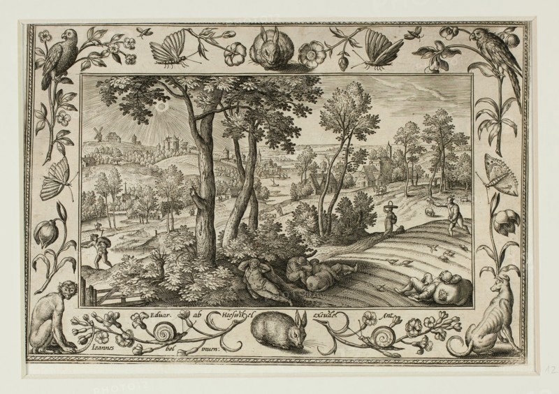 The Enemy Sowing Tares Among the Wheat, from Landscapes with Old and New Testament Scenes and Hunting Scenes, 1584, Adriaen Collaert (Flemish, c. 1560–1618), after Hans Bol (Flemish, 1535–1593), published by Anna van Hoeswinckel (Flemish), Flanders, Engraving in black on cream laid paper, laid down on cream laid paper, 143 × 200 mm (image/primary support, trimmed within plate mark), 176 × 238 mm (secondary support)