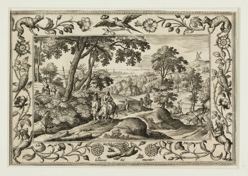 The Flight into Egypt, from Landscapes with Old and New Testament Scenes and Hunting Scenes, 1584, Adriaen Collaert (Flemish, c. 1560–1618), after Hans Bol (Flemish, 1535–1593), published by Anna van Hoeswinckel (Flemish), Flanders, Engraving in black on cream laid paper, laid down on cream laid paper, 143 × 200 mm (image/primary support, trimmed within plate mark), 176 × 238 mm (secondary support)