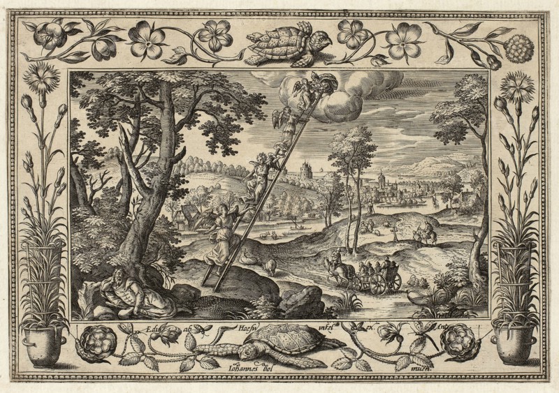 Jacob’s Dream, from Landscapes with Old and New Testament Scenes and Hunting Scenes, 1584, Adriaen Collaert (Flemish, c. 1560–1618), after Hans Bol (Flemish, 1535–1593), published by Anna van Hoeswinckel (Flemish), Flanders, Engraving in black on cream laid paper, laid down on cream laid paper, 143 × 208 mm (image/primary support, trimmed within plate mark), 174 × 238 mm (secondary support)
