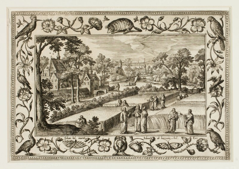 Christ and the Disciples in the Field, from Landscapes with Old and New Testament Scenes and Hunting Scenes, 1584, Adriaen Collaert (Flemish, c. 1560–1618), after Hans Bol (Flemish, 1535–1593), published by Anna van Hoeswinckel (Flemish), Flanders, Engraving in black on cream laid paper, laid down on cream laid paper, 143 × 200 mm (image/primary support, trimmed within plate mark), 176 × 238 mm (secondary support)