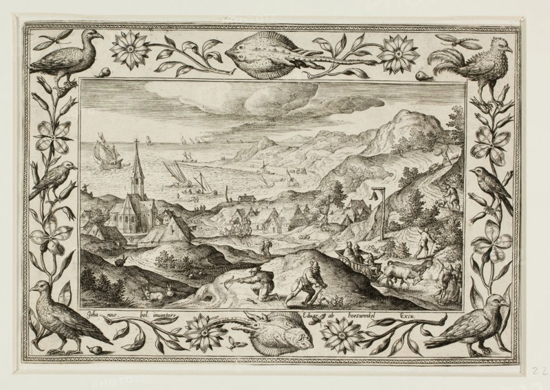 Rabbit Hunt, from Landscapes with Old and New Testament Scenes and Hunting Scenes, 1584, Adriaen Collaert (Flemish, c. 1560–1618), after Hans Bol (Flemish, 1535–1593), published by Anna van Hoeswinckel (Flemish), Flanders, Engraving in black on cream laid paper, laid down on cream laid paper, 143 × 200 mm (image/primary support, trimmed within plate mark), 176 × 238 mm (secondary support)