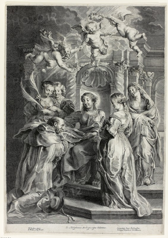 St. Ildefonso before the Virgin, 1638, Hans Witdoeck (Flemish, 1615-after 1642), after Peter Paul Rubens (Flemish, 1577–1640), Flanders, Engraving in black on ivory laid paper, 513 × 373 mm (image), 535 × 377 mm (plate), 543 × 383 mm (sheet)
