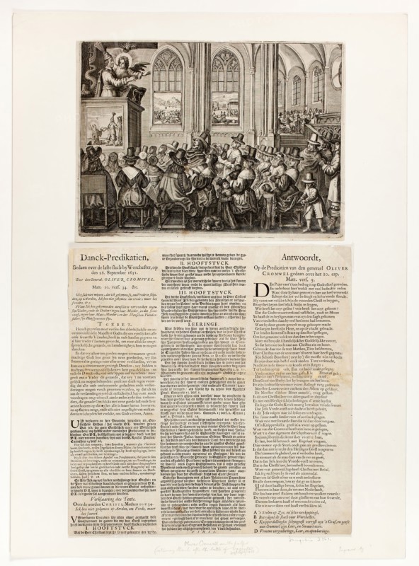Danck-Predikatien, Gedaen over de laste slach by Worcheseter, op den 18 September 1651, 1651, Unknown Artist, Dutch, 17th century, Netherlands, Engraving in black on ivory laid paper and letterpress in black on ivory laid paper, laid down on cream wove card, Image: 202 x 272 mm (image/plate), 206 x 276 mm (sheet)