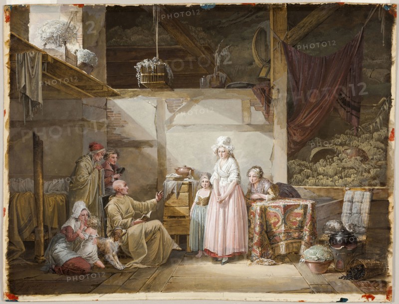 The Evening Prayer, 1790, Jean-Baptiste Mallet, French, 1759-1835, France, Opaque watercolor, over traces of black chalk, on cream laid paper, laid down on card, 288 × 386 mm (primary support), 295 × 389 mm (secondary support)