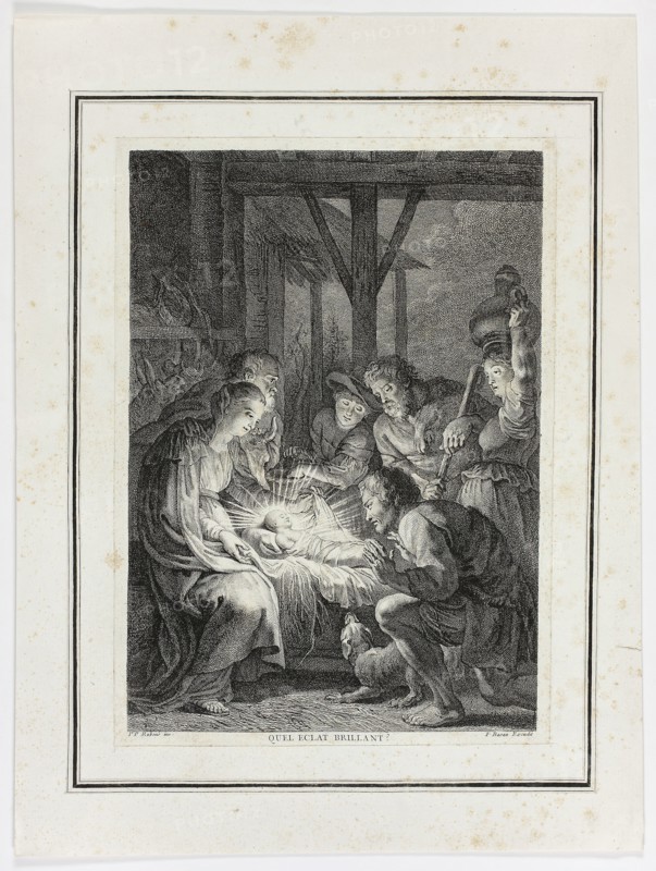 Adoration of the Shepherds, n.d., Pierre-François Basan (French, 1723-1797), after Peter Paul Rubens (Flemish, 1577–1640), France, Engraving in black on ivory laid paper, laid down on ivory laid paper with an ivory laid paper collar,  decoated with ruled pen and black ink lines on strips of ivory laid paper, 282 × 200 mm (image), 295 × 213 mm (primary support, trimmed within plate mark), 406 × 304 mm (secondary support)