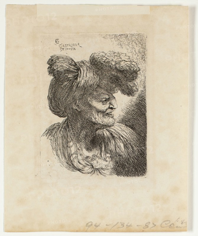 Old Man Wearing a Turban Ornamented with Fur, Facing Right, from Small Studies of Heads in Oriental Headdress, 1645/50, Giovanni Benedetto Castiglione, Italian, 1611-1675, Italy, Etching in black on cream wove paper, 110 x 81 mm (image/plate), 173 x 139 mm (sheet), Izaak Walton, 1880s, Unknown Artist, Unknown Place, Photogravure, plate I from the album "The Compleat Angler or the Contemplative Man's Recreation, Volume I" (1888), edition 109/250, 16.5 x 12.7 cm (image), 19.7 x 15 cm (paper), 31.8 x 24 cm (album page)