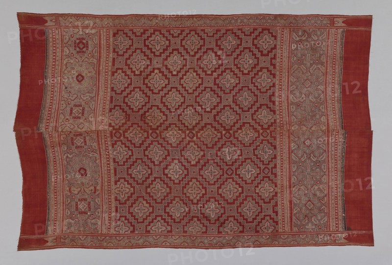 Heirloom Textile, 15th century, India, Coromandel Coast (?), Found in the Toraja area of Sulawesi, Indonesia, India, Cotton, plain woven, block printed and resist-dyed, two loom widths joined, all selvages present, 267.3 x 187.96 cm (105 1/4 x 74 in.)