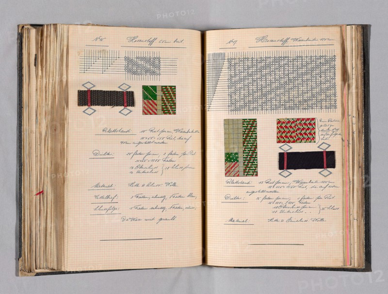Student Notebook Containing Notes, Diagrams and Swatches, c. 1898–1900, Alfred Fehr (Switzerland, 1879-1955), Germany, Bound notebook of technical notes and weave samples: fabrics for clothing and mixed goods, ribbed and twill cottons, and jacquard, 176 pages, 38.7 x 27.3 x 6.7 cm (15 1/4 x 10 3/4 x 2 5/8 in.)
