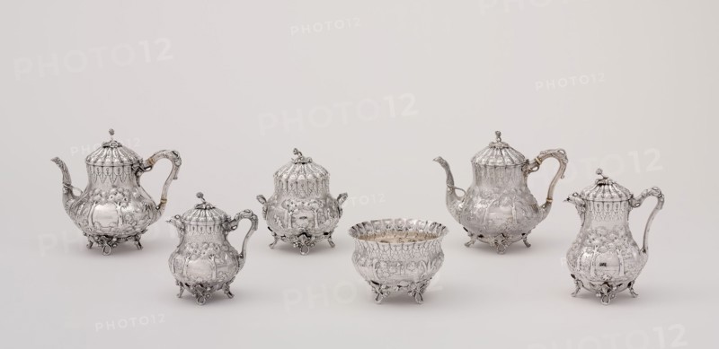 Tea Service, 1850, Gorham & Thurber, American, 1850–52, Providence, Rhode Island, Silver, Coffeepot: 21 × 15.9 × 12.1 cm (8 1/4 × 6 1/4 × 4 3/4 in.), Teapot: 22 × 23.9 × 14.6 cm (8 5/8 × 9 3/8 × 5 3/4 in.), Sugar bowl: 18.4 × 16.2 × 16.2 cm (7 1/4 × 6 3/8 × 6 3/8 in.), Creamer: 17.2 × 14.9 × 11.4 cm (6 3/4 × 5 7/8 × 4 1/2 in.), Waste bowl: 11.4 × 16.2 × 16.2 cm (4 1/2 × 6 3/8 × 6 3/8 in.)