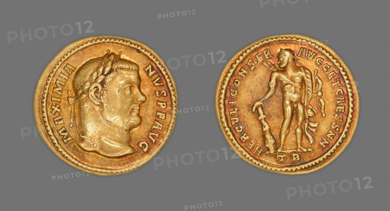 Aureus (Coin) Portraying Emperor Maximianus Herculius, 303, Roman, minted in Trier, Germany, Gold, 1.8 cm, 5.25 g