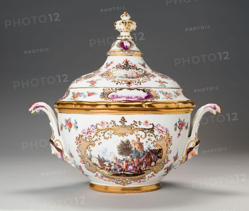 Covered Tureen and Stand (One of a Pair), c. 1740, Meissen Porcelain Manufactory, Germany, founded 1710, Germany, Hard-paste porcelain, polychrome enamels and gilding, Stand: 39.5 × 30.1 × 8 cm (15 9/16 × 11 7/8 × 3 1/8 in.)