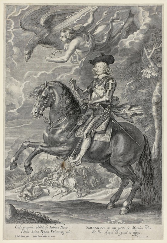 Ferdinand of Austria on Horseback, c. 1641, Paulus Pontius (Flemish, 1603–1658) after Peter Paul Rubens (Flemish, 1577–1640), Flanders, Engraving in black on ivory laid paper, 450 × 323 mm (image), 483 × 327 mm (plate), 487 × 332 mm (sheet)
