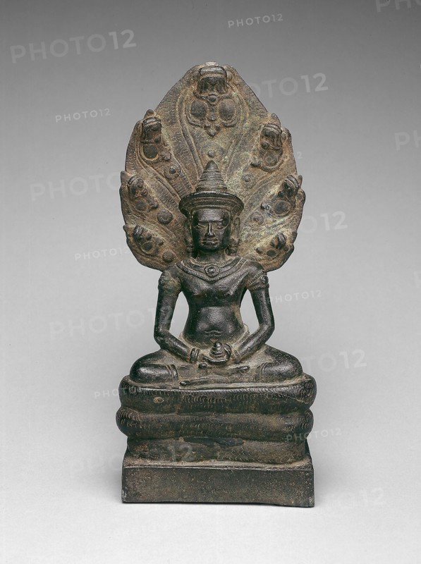 Buddha Enthroned on a Serpent (Naga), Angkor period, early 13th century, Cambodia/Thailand, Cambodia, Bronze, 22.9 × 10.5 × 7.7 cm (9 × 4 1/8 × 3 in.)