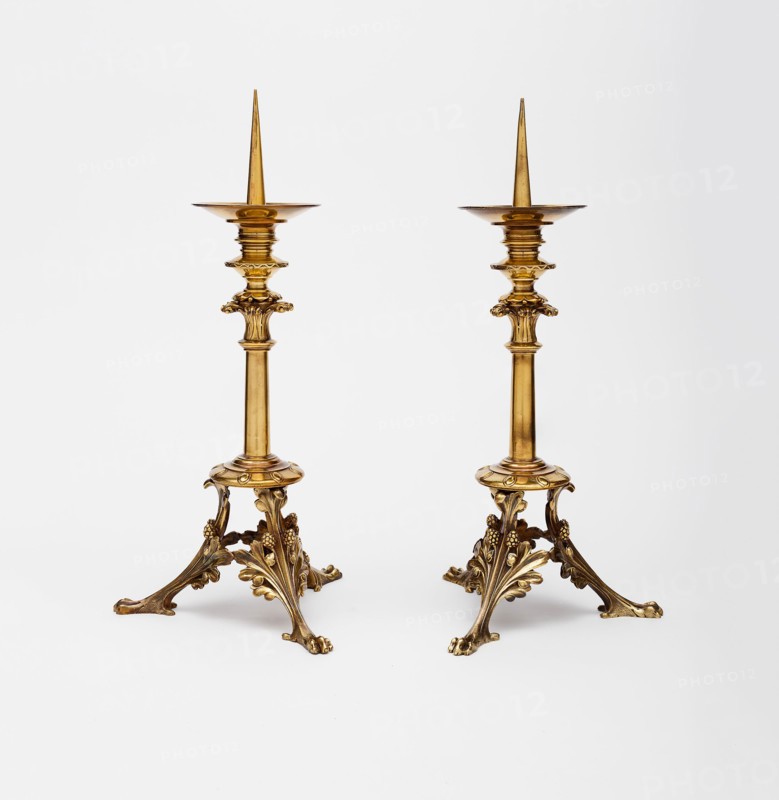 Pair of Altar Candlesticks, 1862, Eugène Emmanuel Viollet-le-Duc, French, 1814-1879, Made by Placide-Benoît-Marie Poussielgue-Rusand, French, 1824–1889, Paris, France, Paris, Gilded cast bronze, 1: 42.2 x 21 x 18.4 cm (16 5/8 x 8 1/4 x 7 1/4 in.)