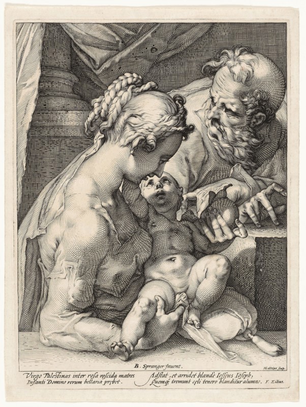 The Holy Family, c. 1589, Hendrick Goltzius (Dutch, 1558-1617), after Bartholomaeus Spranger (Flemish, 1546–1611), Netherlands, Engraving in black on laid paper, 271 × 210 mm (image), 286 × 215 mm (plate), 304 × 229 mm (sheet)