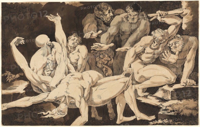 Nude Male Figures Bearing the Bodies of their Dead Companions, c. 1779, James Jefferys, English, 1751-1784, England, Pen and black ink and brush and reddish-brown wash on cream laid paper, 355 × 564 mm