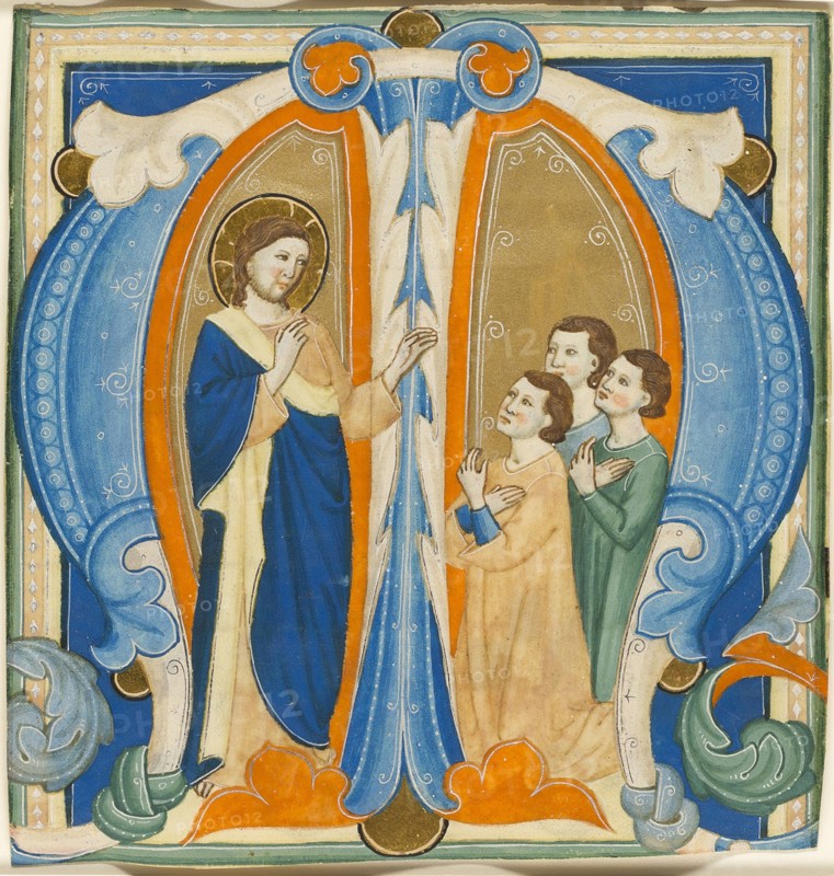 Christ Blessing Three Young Men, initial M from a Gradual, 1320/30, Maestro Daddesco, Italian (Florence), active about 1310-1350, Italy, Opaque watercolor, with shell gold and gold leaf, on parchment, 138 x 131 mm