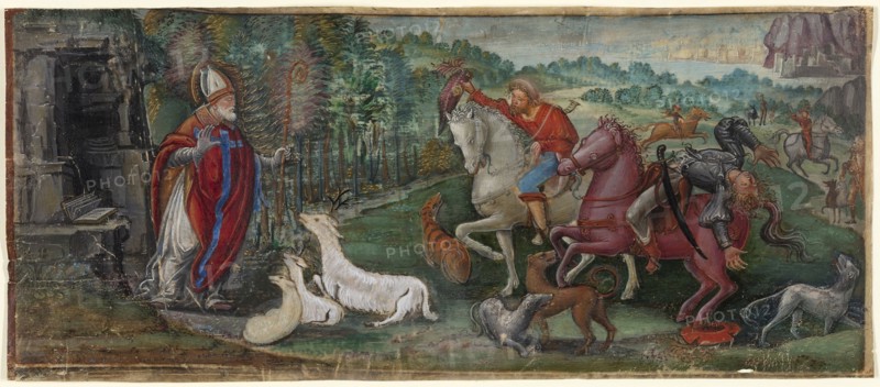 Miracle of the Deer of Saint Bassiano, from a Choir Book, 1500/10, Master B. F. (possibly Francesco Binasco), Italian (Lombardy), about 1490-about 1545, Italy, Opaque watercolor and shell gold on parchment, 126 x 295 mm
