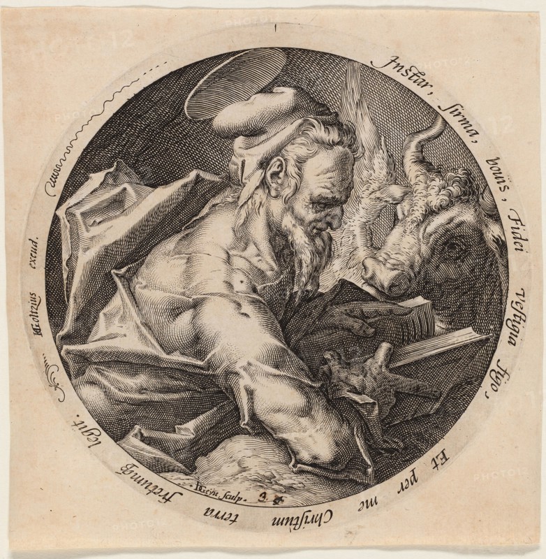 Saint Luke, plate three from The Four Evangelists, 1588, Jacob de Gheyn II (Dutch, 1565-1629), after Hendrick Goltzius (Dutch, 1558-1617), Netherlands, Engraving in black on laid paper, 150 mm diameter (image), 170 diameter (plate), 180 x 178 mm (sheet)