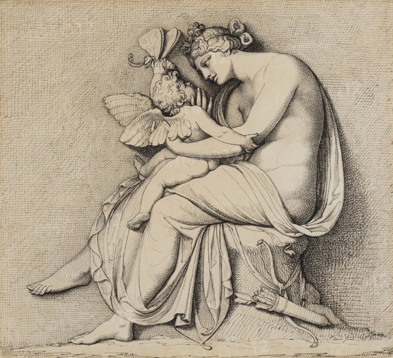 Venus and Cupid, 1789, John Deare, English, 1759-1798, England, Pen and black ink on cream laid paper, 276 × 304 mm