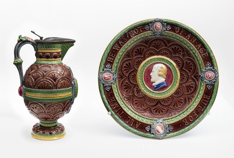 Shakespeare Ewer and Basin, Ewer: 1873, Basin: 1871, Minton Pottery and Porcelain Factory, Stoke-on-Trent, England, founded 1793, England, Tin glazed earthenware with pewter mounts, Ewer: 27.3 × 14 × 17.8 cm (10 3/4 × 5 1/2 × 7 in.) Basin: 3.8 × 31.8 cm (1 1/2  × 12 1/2 in.)