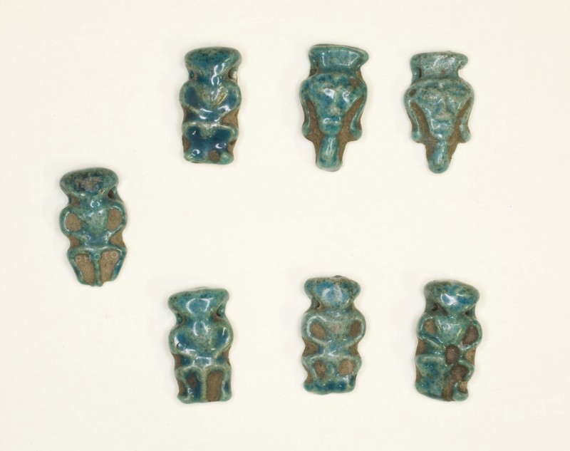Amulets of the God Bes and the Goddess Hathor, New Kingdom, Dynasty 18 (about 1550–1295 BC), Egyptian, Egypt, Faience, 1 × 0.6 × 0.2 cm (3/8 × 1/4 × 1/16 in.)