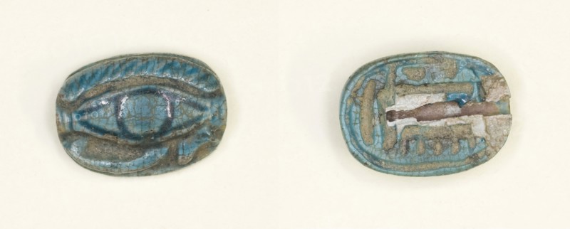 Scarboid Amulet with the Eye of the God Horus (Wedjat), New Kingdom, Dynasty 18 (about 1550–1295 BC), Egyptian, Egypt, Faience, 1.3 × 0.8 × 0.5 cm (1/2 × 5/16 × 3/16 in.)