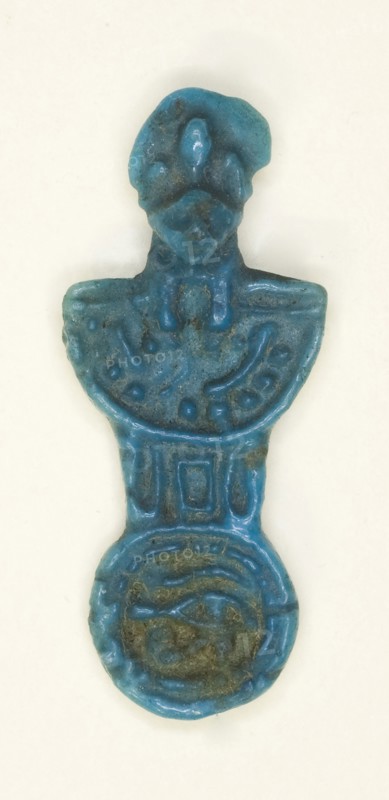 Amulet of a Menat Counterpoise with Lion-headed Goddess, Third Intermediate Period–Late Period, Dynasties 25–26 (about 747–525 BC), Egyptian, Egypt, Faience, 2.7 × 1.3 × 0.3 cm (1 1/16 × 1/2 × 1/8 in.)