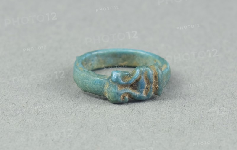 Ring: Head of Hathor, New Kingdom, Dynasty 18 (about 1390 BC), Egyptian, Egypt, Faience, W. 0.5 cm (3/16 in.), diam. 1.6 cm (5/8 in.)