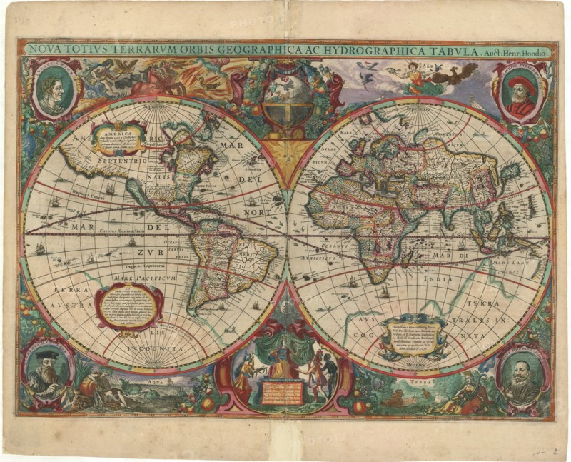 Map, Nova totivs terrarvm orbis geographica ac hydrographica tabvla auct. Henr. Hondio, Henricus Hondius (1597-1651), Copperplate print