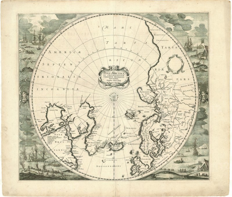 Map, Poli Arctici, et circumiacentium terrarum descriptio novissima., Copperplate print