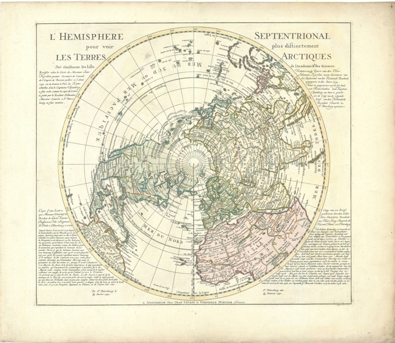 Map, L’hemisphere septentrional pour voir plus distinctement les terres arctiques par Guillaume Delisle de lAcademie Rle. des Sciences rectifier selon la carte de monsieur Jean Kyrilow ... = verbetert na de kaart van den heer Johannes Kyrilow ..., Guillaume Delisle (1675-1726), Ivan Kyrilov (1689-1737), Copperplate print