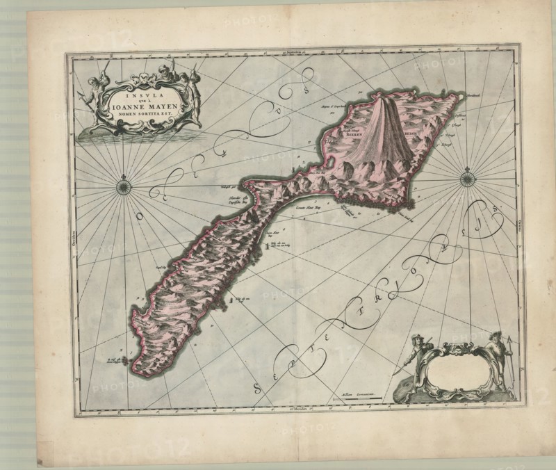 Map, Insvla qvæe à Ioanne Mayen nomen sortita est, Copperplate print