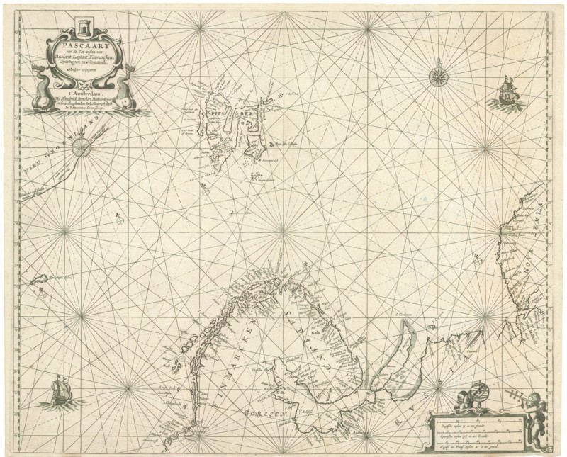Map, Pascaart van de zee-custen van Ruslant, Laplant, Finmarcken, Spitsbergen en Novazemla, Copperplate print