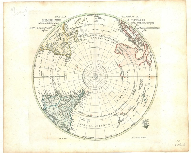 Map, Tabula geographica hemisphaerii australis ad emendatiora quae adhuc prodierunt exempla ... I.C.R. delin, Johann Christoph Rhode (1713-1786), Copperplate print